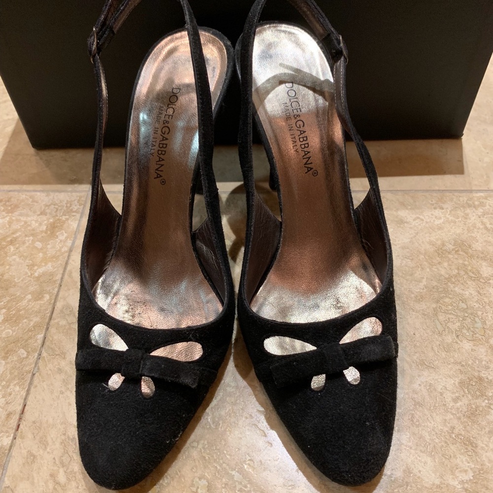 Dolce and Gabbana Black Suede Slingback Pumps Heel